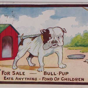 Op de afbeelding: Vintage illustratie van een wit en bruin bulldog met een kettinghalsband, naast een rode hondenhok. De afbeelding bevat de tekst "FOR SALE - BULL-PUP EATS ANYTHING - FOND OF CHILDREN !!". Een bot en een kom liggen op de grond.