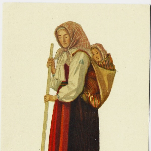 Swedish Woman & Child in Traditional Costume, Dalarna, Per Sodermark, Vintage Artist Postcard, Nordic Museum, c1970s