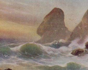 Stormy Day, Wild Waves, Seagulls, Sunset, Antique Artist Postcard, M. MORRIS, Tucks  2987, 1919
