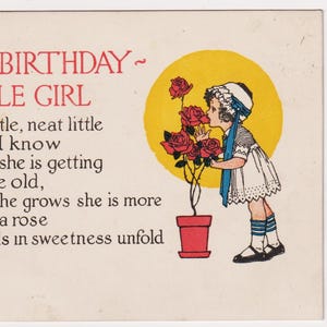 Antique Artist BIRTHDAY c1920 Postcard, Little GIRL with Roses, Davis Message Post Card