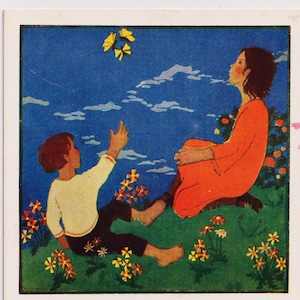 May include: A vintage postcard illustration featuring two figures sitting on a green grassy hill. One figure wears a white shirt and dark pants, reaching toward yellow butterflies. The other wears a long orange dress. The background is a deep blue sky.