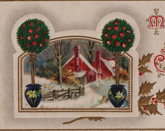 Antique Christmas Embossed Postcard, COTTAGES in the Snow, J J Marks, Posted in 1912