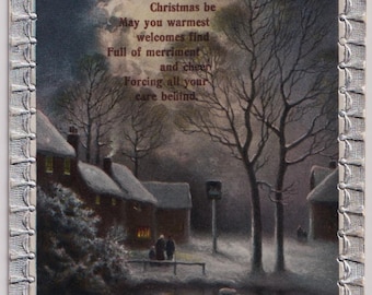 Snowy Landscape, Woods, Evening Glow, COTTAGES and Figures, Antique Artist Christmas Postcard, c1910s