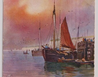 Antique Artist Postcard, Fishing Trawlers, A Golden Eve, Fishing in the North Sea, Tucks, 1907