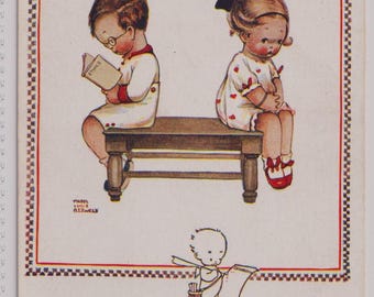 Postal antigua de Mabel Lucie Attwell: Cupido y muérdago, San Valentín de 1920