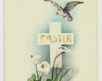 CALLA LILIES and DOVE, Cross, Antique Easter Postcard, cWW1