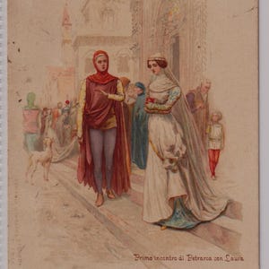 La première rencontre entre PETRARCH et LAURA, carte postale ancienne d'artiste italien, 1907