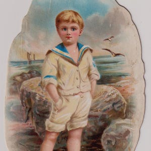 Victoriaans ca. 1890 antieke Britse ephemera/kaart/schroot, BOY at the SEASIDE, nieuwjaar