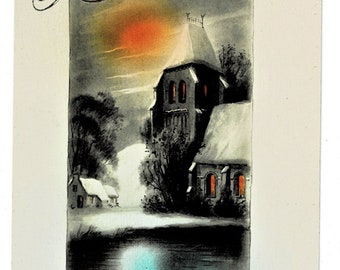 SUNSET Bonne Annee Vintage French Postcard Snowy Evening c1920 CHURCH