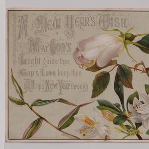 WHITE FLOWERS and ROSE, Victorian Artist Religious New Year Card/Ephemera, c1880s, Raphael Tuck