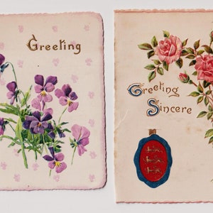 Cartes de voeux victoriennes/restes/éphémères, fleurs, clôture, prédécoupées, britanniques, lot de 3, c1890s