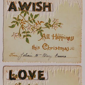 Antique Victorian Christmas Card Ephemera: Die Cut Flowers, Glitter (Lot of 2, c1890)