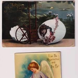 PASQUA, ANGELO e ragazza dentro l'uovo, cartoline antiche, lotto di 2, c1910-20