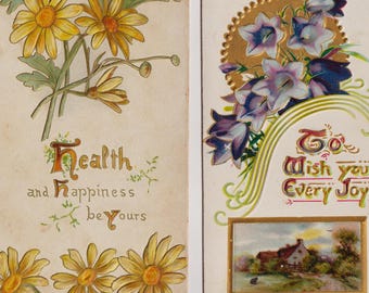 Tarjetas navideñas plegadas antiguas de estilo eduardiano, con motivos florales, lote de 3, década de 1900