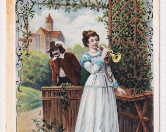 Die Ueberraschung/ SURPRISE, WOMAN playing Trumpet! Antique German Artist Postcard, c1910