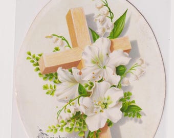Victorian Christmas Card, White Flowers Cross, Lily of the Valley, c1880s