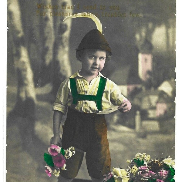 Young BOY in Traditional COSTUME, LEDERHOSEN,  Hat with Feather, Flowers, German/Austrian, Vintage Real Photo Postcard, c1910