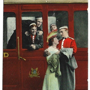 FREIWILLIGE MANÖVER, ZUG, Ab ins Lager, Frau und Soldat verabschieden sich, Antike Postkarte, Serie Lebender Bilder, H.G.L., Gesendet 1905