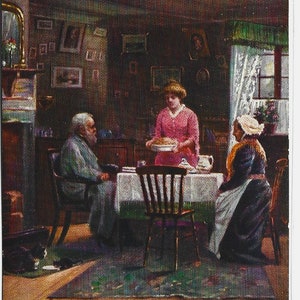 Antike Künstlerpostkarte, ALTE FOLKS zu HAUSE, Älterer Mann und Frau sitzen am Tisch beim Abendessen, illustrierte Lieder, Tucks 1160, c1909