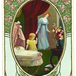 Silence, mère, enfant et bébé qui dort, carte postale ancienne, série Philco 2340, publiée en 1912