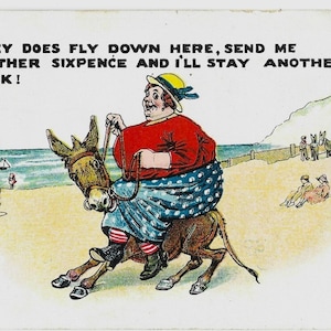 I soldi volano quaggiù! Donna su un ASINO, antica cartolina britannica di mare, spedita nel 1923 da Great Yarmouth
