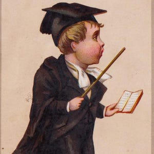 Victorian Christmas Card/Ephemera, BOY in Graduation Hat and Gown with book and Pointer, c1890