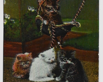 Little KITTENS in Basket, "PLAYTIME", Antique Real Photo Postcard, c1905