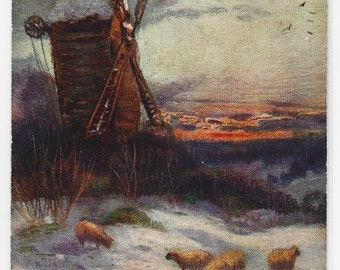 Antique Windmill Postcard, Winter Sunset Snowy Landscape, 1907