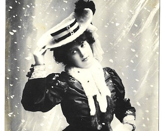 GLAMOUROUS FRENCH Woman, Wonderful Winter FASHION, Hat, Muff, Bonne Annee, Snow, Vintage French Real Photo Postcard, c1908