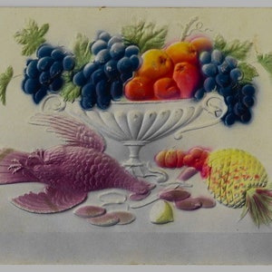 BOL DE FRUITS, oiseau, ananas, carte postale ANTIQUE en relief, Langsdorf, posté en 1905
