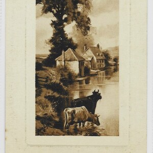 May include: Sepia-toned landscape art print featuring a serene rural scene. Two cows stand in a body of water near the shore. A large tree and several buildings are in the background, with reflections in the water.