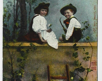 CHILDREN sit on Wall, Vintage Postcard, c1905