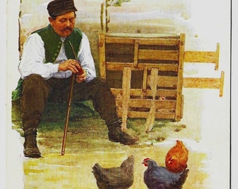 MORAVIAN MAN with CHICKENS by Marie Gardavská, Vintage Artist Postcard, c1920s