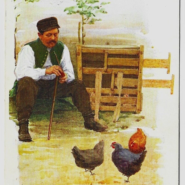 MORAVIAN MAN with CHICKENS by Marie Gardavská, Vintage Artist Postcard, c1920s
