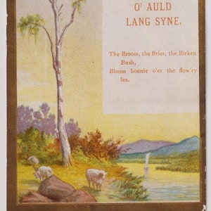 Landschap, schapen, rivier, | For the Days o Auld Lang Syne, Victoriaanse antieke wenskaart/schroot/ephemera, jaren 1890