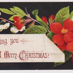 Victoriaanse antieke KERSTgroeten kladjes/kaarten/ephemera, mooie rode en witte BLOEMEN, jaren 1890