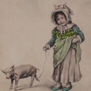 Petite FILLE qui marche avec un cochon !, neige, vêtements d'hiver, Bonne Annee, carte postale d'artiste ancienne, V.K. Vienne, 1912