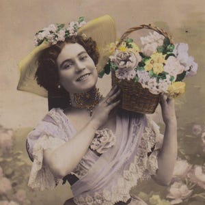 Antique Real Photo French Postcard, Beautiful WOMAN, Basket of Flowers, Lovely FASHION, Arjalew Photo, Etoile Paris, Posted 1907 from Italy