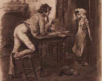 Postal antigua de Dickens, Dick Swiveller y la marquesa de la tienda de antigüedades, F. Barnard, Cassell's Art Postcards, c. 1910