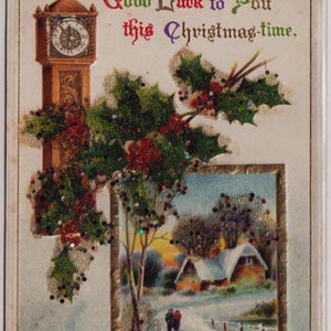 Antica cartolina di NATALE con perline, c. 1910, orologio a pendolo, agrifoglio, paesaggio innevato, retro tipo WINSCH, stampata in Germania
