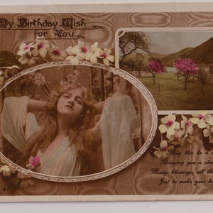 FEMME GLAMOUROUS, Mode, Fleurs, Gladys Cooper ?, Carte postale d'anniversaire antique avec photo réelle, Rotary A1324, Publié en 1913