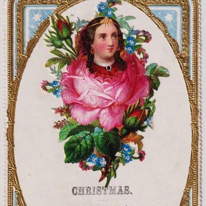 Biglietto d'auguri di Natale antico vittoriano/Effimero, DONNA dentro una ROSA rosa, c. 1890