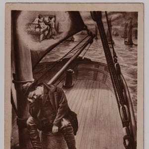FISHERMAN'S DREAM, Fischer träumt von zu Hause auf seinem Trawler, antike britische Echtfoto-Postkarte, Rival Fotoserie, 1911 veröffentlicht