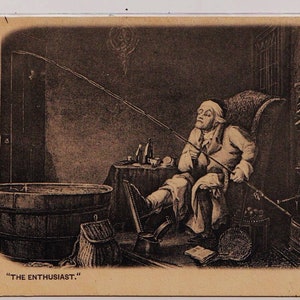 The ENTHUSIAST, GOUTY ANGLER par Theodore Lane, carte postale d'artiste antique, postée en 1911 depuis Guernesey