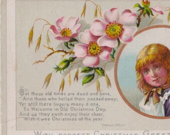 Sweet GIRL and WILD ROSES , Victorian Christmas Greetings Card/Ephemera, c1880s