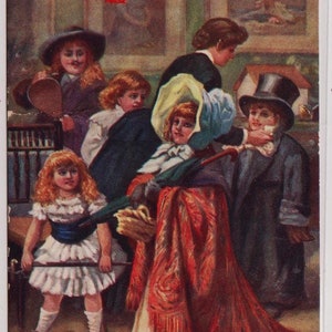 VESTITI per le SCIArade, Bambini vestiti con abiti vittoriani, Antica cartolina natalizia dell'artista, Tucks "Merry Hearts" 9445, 1914