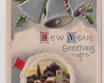 HOLLY, BELLS, Winter scene, Church, Antique New Year Postcard, c1910