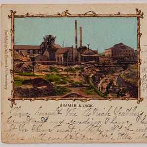 SIMMER & JACK Gold Mine, Antike Postkarte, 1903, an Charles Symonds, Falmouth, Cornwall, Sallo Epstein, Durban