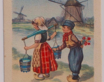 NIÑOS HOLANDESES, Zuecos, Molinos de viento, Trajes tradicionales, Postal de cumpleaños de artista antigua, Publicada en 1923, Amag
