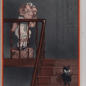 Ne montez pas, je m'habille ! Petite fille et chat noir, carte postale d'artiste ancienne, Fred Surgin, série Inter Art « Quart Kiddies », 1916